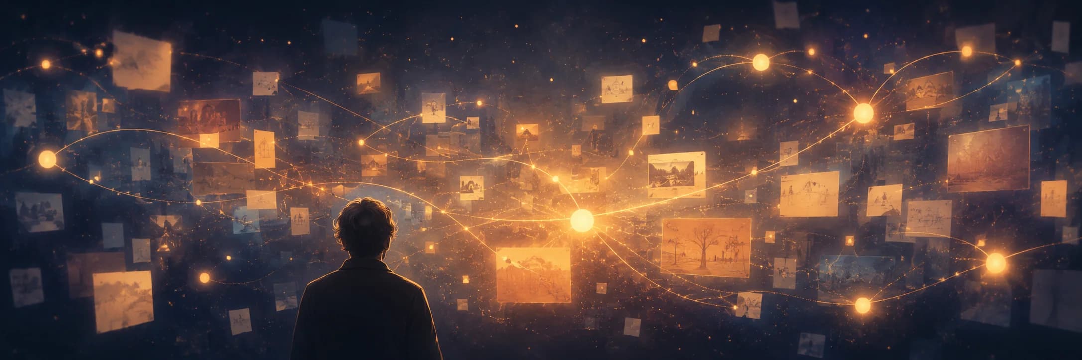 Canvas History — a person looking at a constellation of canvas cards connected by light