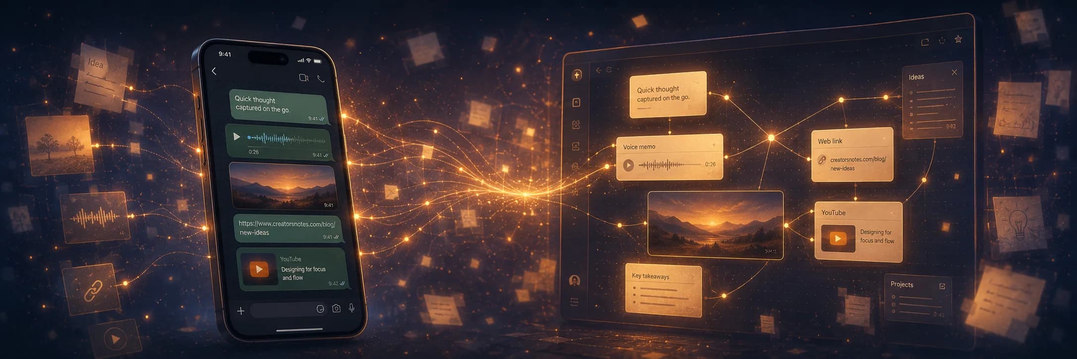 WhatsApp Capture: a phone screen showing a WhatsApp chat next to a CreatorNotes workspace where notes appear in real time