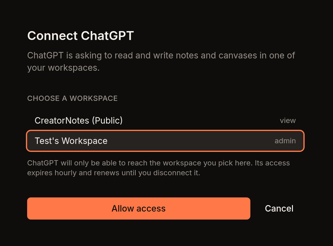 The Creator Notes consent screen asking which workspace ChatGPT may access